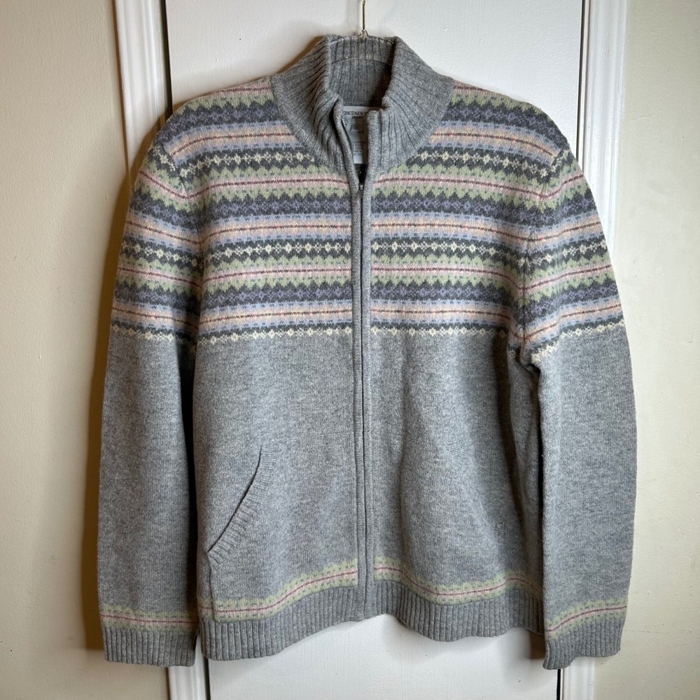 Jones New York Sport Womens XL Lambswool Fair Isle Zip Cardigan Sweater Grey